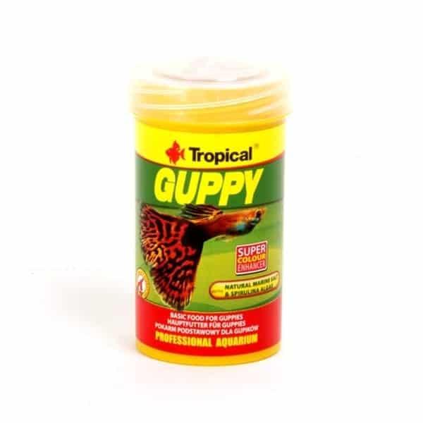 Guppy foder fra Tropical til sunde fisk. Fremmer farver. Hurtig levering fra tildinfisk.dk!