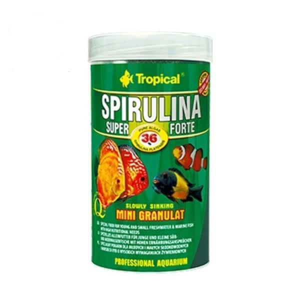 Spirulina Forte Mini Granulat - Højkvalitetsfoder til akvariefisk. Fremmer farver og sundhed.