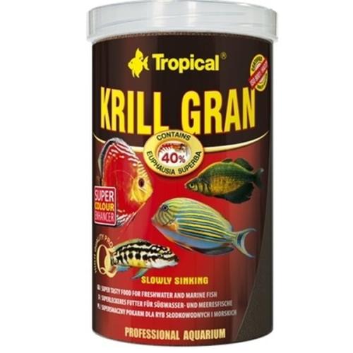 Tropical Krill Gran fiskefoder - farvefremmende, synker langsomt. Perfekt til fersk- og saltvandsfisk på tildinfisk.dk.
