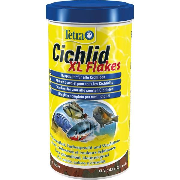 Tetra Cichlid XL Flakes fiskefoder dåse med farvestrålende cichlider, fremmer sundhed og vækst til akvariefisk.