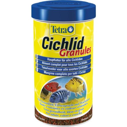 Tetra Cichlid Granules fiskefoder til cichlider, gult emballage, sund vækst, 500 ml dåse.