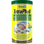 TetraPhyll akvariefoder til tropiske fisk fremvises i en lys gul beholder for sundhed og vitalitet.