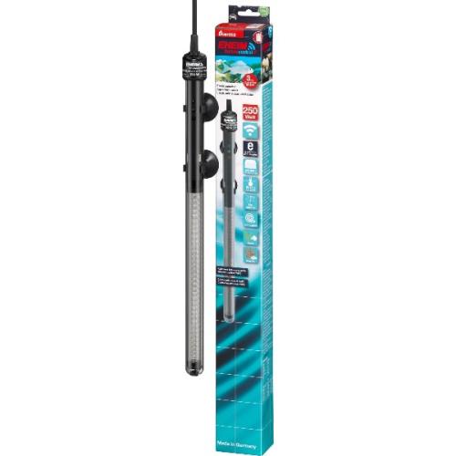 Akvarievarmer fra Eheim i emballage, 250 watt, velegnet til præcis temperaturstyring i akvarier, med klart synlige temperaturindstillinger.