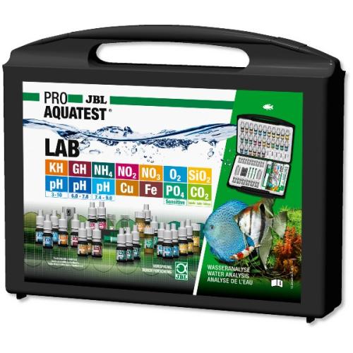 JBL Pro Aquatest Lab kuffert med vandtestsæt til akvarier, inkluderer reagenser til at måle pH, KH, GH og mere.