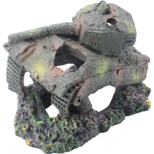 Farverig akvariedekoration med udseende af sunket rumskib, velegnet til at skabe skjulesteder og stimulere akvariefisk fra tildinfisk.dk.