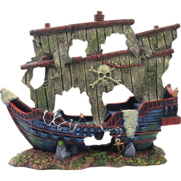 Dekorativt sunket piratskib akvarieornament med detaljeret design og farverige alger, ideelt til at tilføje et eventyrligt touch til ethvert akvariemiljø.