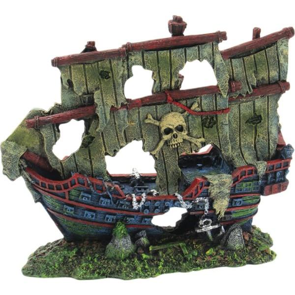 Farverigt skibsvrag dekoration til akvarium med piratskalle og algebelægning, perfekt til at tilføje et eventyrligt touch til dit akvarie.