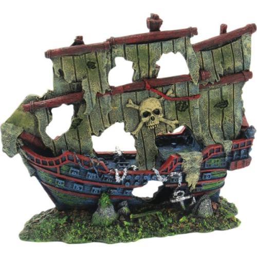 Farverigt skibsvrag dekoration til akvarium med piratskalle og algebelægning, perfekt til at tilføje et eventyrligt touch til dit akvarie.