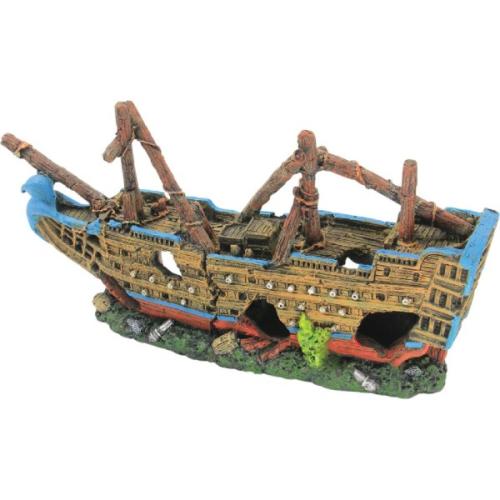 Farverig akvariumpynt i form af et sunket skibswrak, ideel til dekoration og til at skabe skjulesteder for fisk.