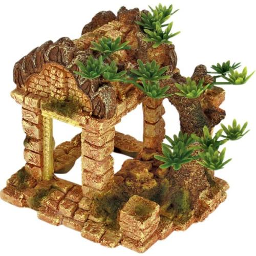 Akvariedekoration i polyresin med ruinstemning og kunstige planter, ideel til at skabe et unikt miljø i akvariet.