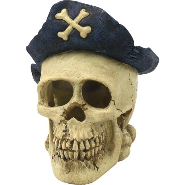 En dekorativ piratskalle med kaptajnhat, ideel som unik udsmykning i et tematiseret akvarium fra tildinfisk.dk.