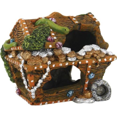 Farverig akvarie-dekoration med skattekistetema, prydet med perler og en frøfigur, ideel til ethvert akvariemiljø.