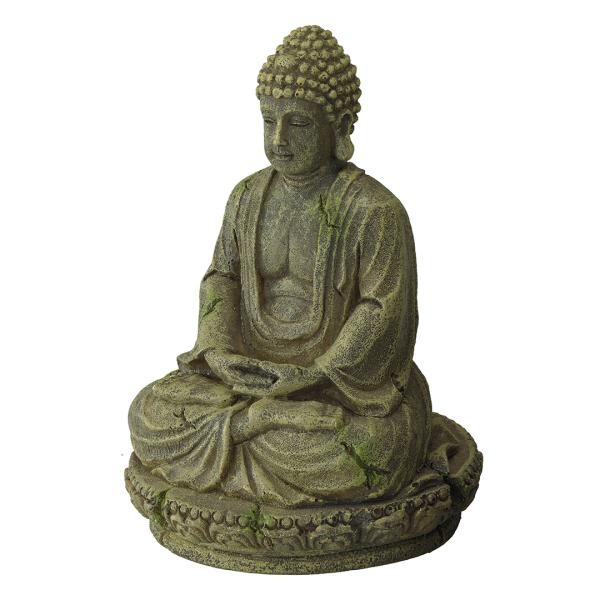 Grønlig Buddha-statue til akvariedekoration, fremstår med algepatina for et autentisk look, ideel til zen-tema akvarier.