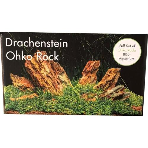 Pakke med Drachenstein Ohko Rocks til akvarier, viser sten arrangeret i 80L akvarium med grønne planter.