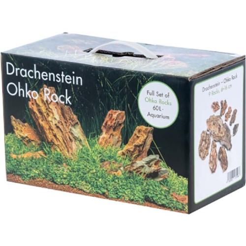 Æske med fuldt sæt af Ohko Rocks til 60L akvarium, ideel til aquascaping og dekorativt layout i akvarier.