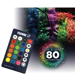 Fluval LED-belysningsfjernbetjening med farvet akvariebelysning, viser mulighed for at vælge mellem op til 80 farver.