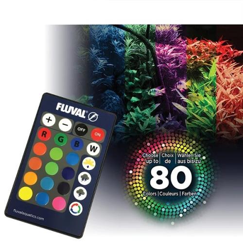 Fluval LED-belysningsfjernbetjening med farvet akvariebelysning, viser mulighed for at vælge mellem op til 80 farver.