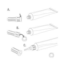 Illustration af en flerbilledvejledning for samling af en tube med en doseringsspids, der viser delene adskilt og samlet.