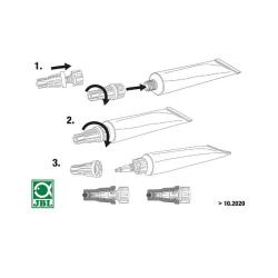 Diagram af akvarieudstyr med tre trin til samling af et filter fra JBL, optimeret for akvarieentusiaster og søgemaskiner.