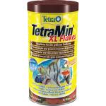 TetraMin XL Flakes fiskefoder til store tropiske fisk i en gul emballage, perfekt til akvariepleje, sundhed og farver.