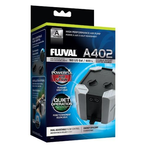Fluval A402 luftpumpe til akvarier, effektiv og støjsvag med dobbelt udløb, til 600 liter akvarier. Perfekt til forbedret ilttilførsel.