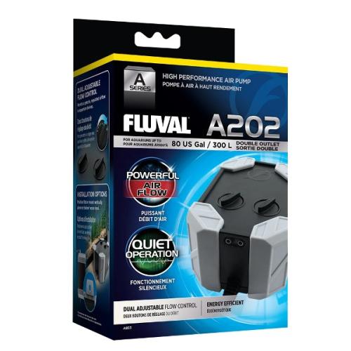Fluval A202 luftpumpe til akvarier, emballage med dobbelt udgang, stille drift, energieffektiv.