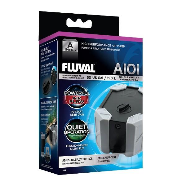 Fluval A-serie højtydende luftpumpe til akvarier, emballeret i en farvestærk æske med op til 50 US Gal/190 L kapacitet, rolig drift og energieffektiv.