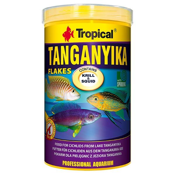 Tropical Tanganyika flagefoder til cichlider med krill og blæksprutte, essentielt til sund akvariefisk.