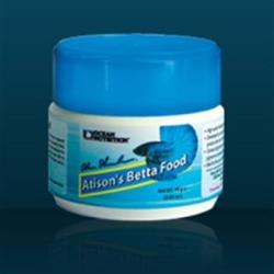 Billedet viser et bæger Atison's Betta Food fra Ocean Nutrition, ideel til ernæring af betta fisk, tilgængelig på tildinfisk.dk.