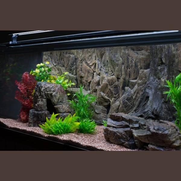 Akvariebaggrund med realistisk klippeudseende og planter.