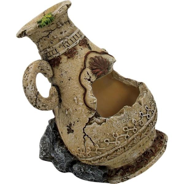 Dekorativ akvariehule formet som en fisk i terracotta stil med mønstre, ideel for fiskeophold og -leg.