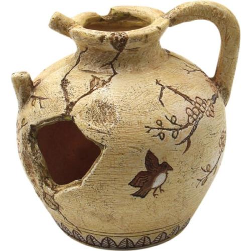 Dekorativ akvariehule formet som en fisk i terracotta stil med mønstre, ideel for fiskeophold og -leg.