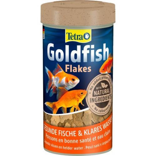 Tetra Goldfish Flakes fiskefoder, fremhæver sundhed og vitalitet for guldfisk.