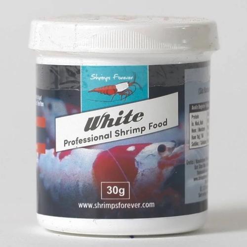 Tilskudsfoder der fremhæver den hvide farve hos rejer