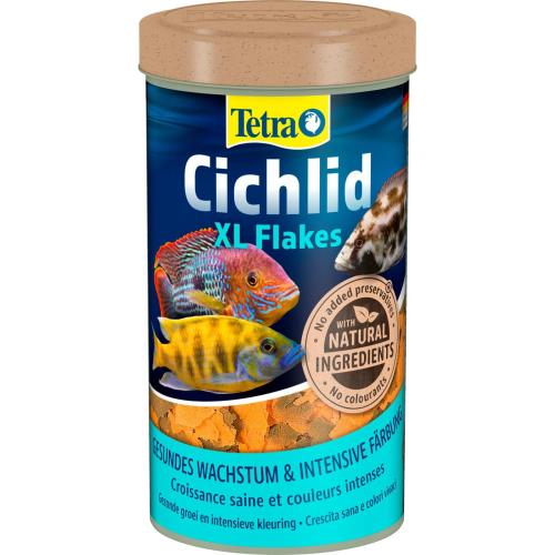 Tetra Cichlid XL Flakes fiskefoder dåse med farvestrålende cichlider, fremmer sundhed og vækst til akvariefisk.