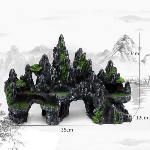 Bjerglandskab i harpiks med grønne detaljer og huler til akvarium