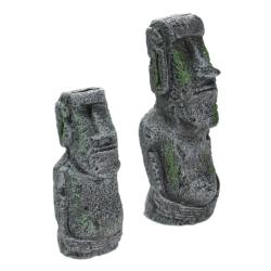 Akvariedekoration med to Moai-statuer i naturtro stenlook