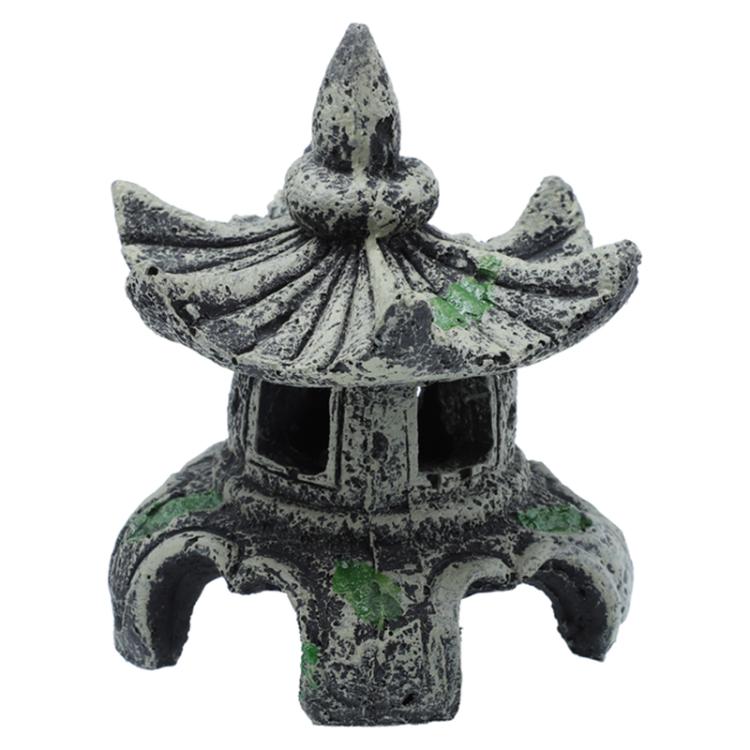 Akvariedekoration Tower Pagoda i harpiks med grønne detaljer