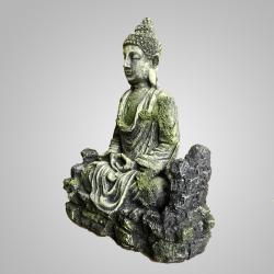 Buddha statue set fra siden med mål 17,5 x 14 x 7 cm