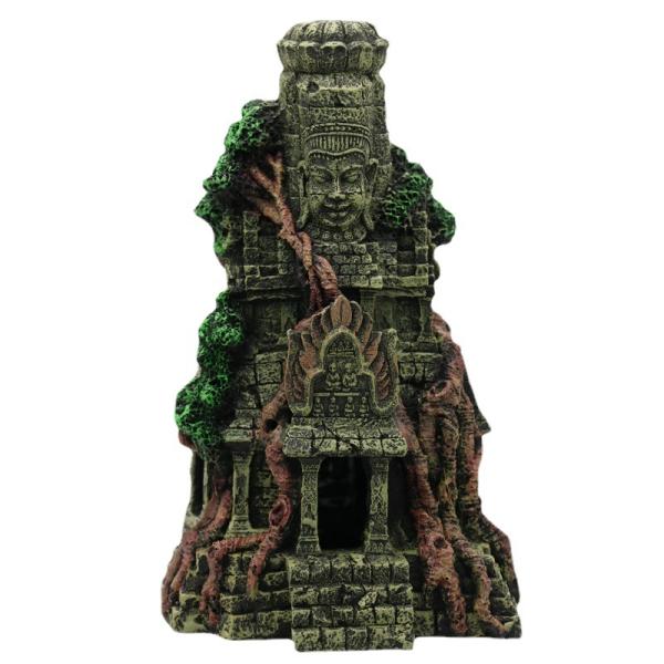 Akvariedekoration Buddha tempel med rødder og detaljerede udskæringer