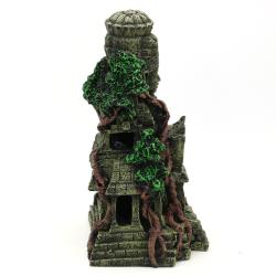 Akvariepynt i tempelstil med grønlige detaljer og naturlig finish