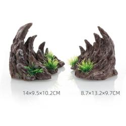 Brune bjergformationer med grønne planter til akvarium, to dekorationer i sæt.
