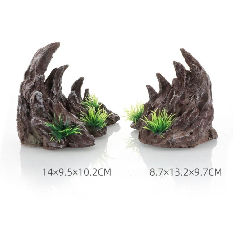Brune bjergformationer med grønne planter til akvarium, to dekorationer i sæt.