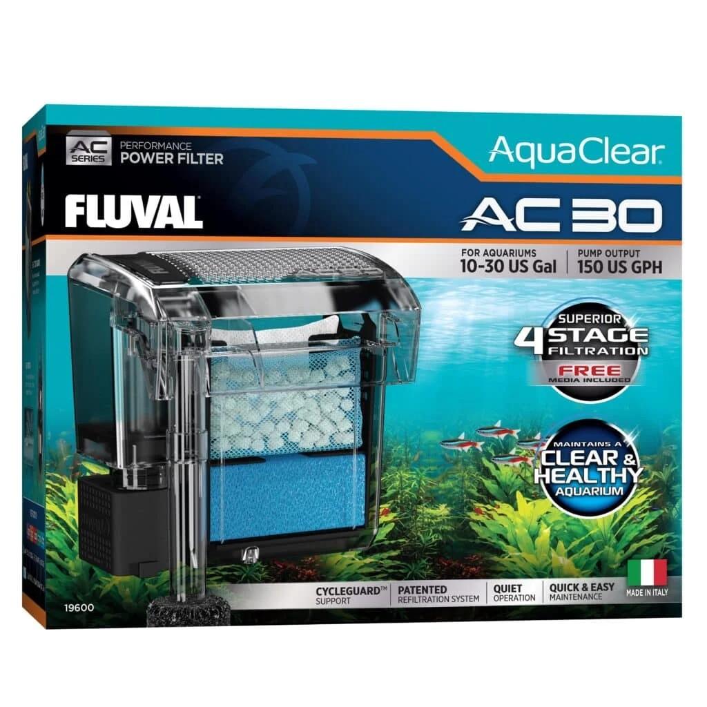 Fluval AC30 power filter monteret på akvariets yderside som hængefilter
