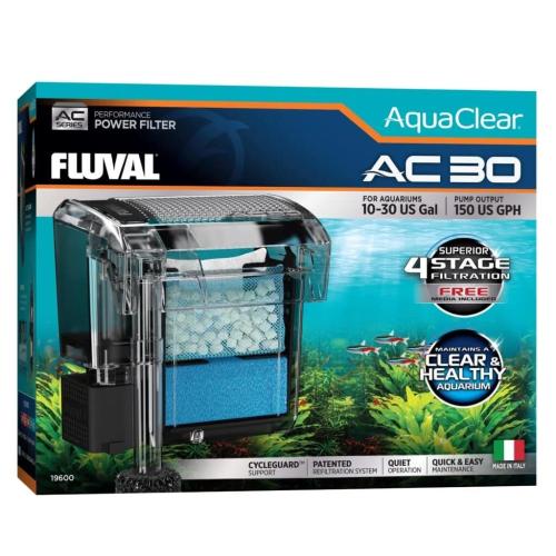 Fluval AC30 power filter monteret på akvariets yderside som hængefilter