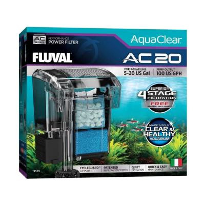 Fluval AC20 power filter monteret på akvariets yderside som hængefilter