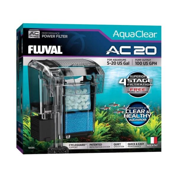 Fluval AC20 power filter monteret på akvariets yderside som hængefilter