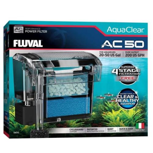 Fluval AC50 power filter monteret på akvariets yderside som hængefilter