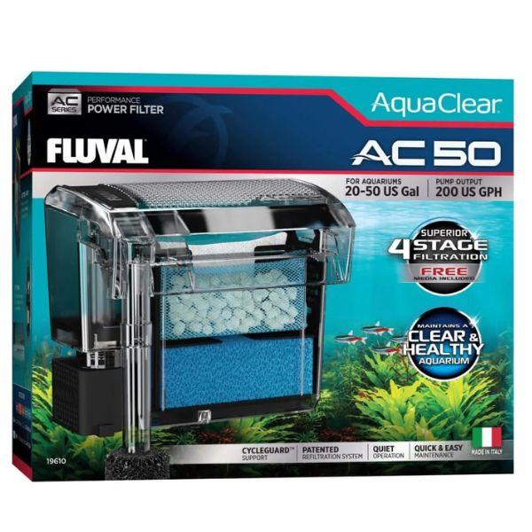 Fluval AC50 power filter monteret på akvariets yderside som hængefilter