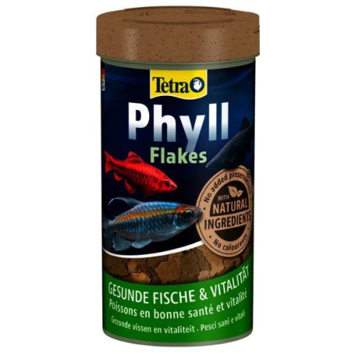 TetraPhyll akvariefoder til tropiske fisk fremvises i en lys gul beholder for sundhed og vitalitet.